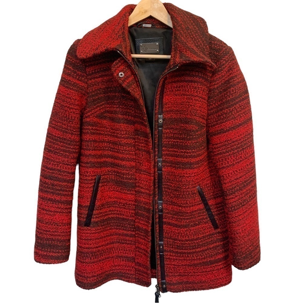 Mackage Marled Wool Blend Leather Trim Coat